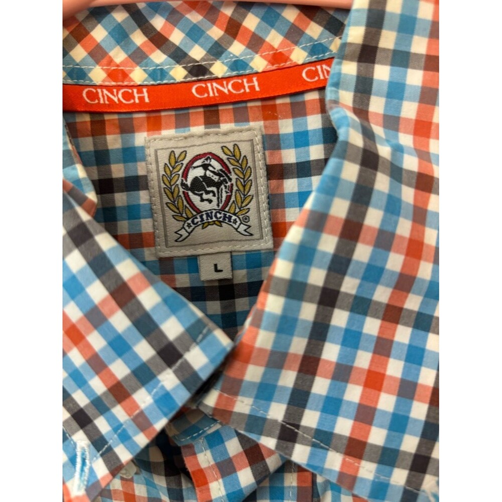 Cinch Men's Orange and Blue Plaid Short Sleeve Button-Down Shirt - Picture 3 of 3